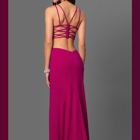 Wine High-Neck Jersey Prom Dress by La Femme - Picture 3 of 3